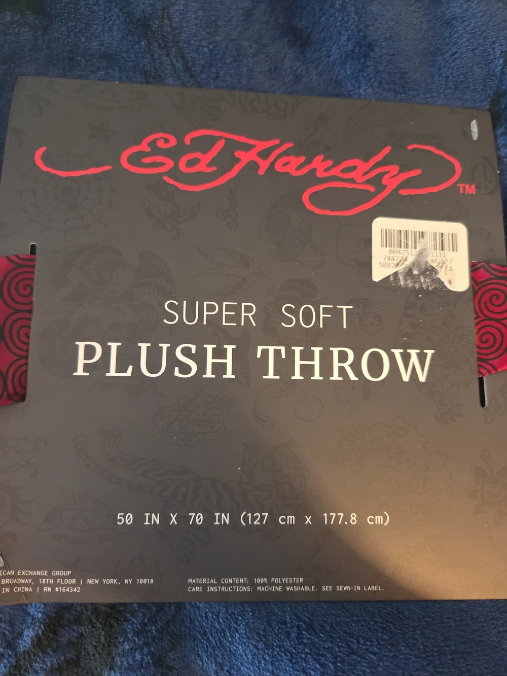 New Ed Hardy Plush Throw Blanket Deep Navy Black Eagle Tatoo Print 50 X 70 In